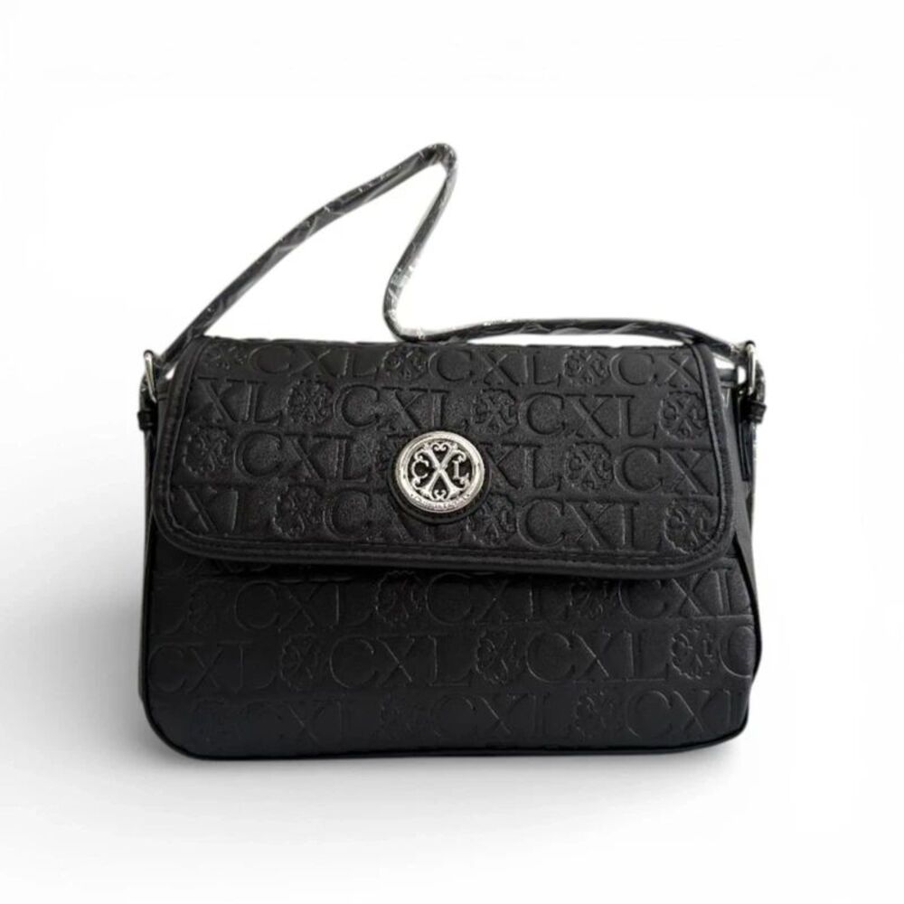 CXL by Christian Lacroix Clara Embossed Logo Shoulder Bag in black faux leather.